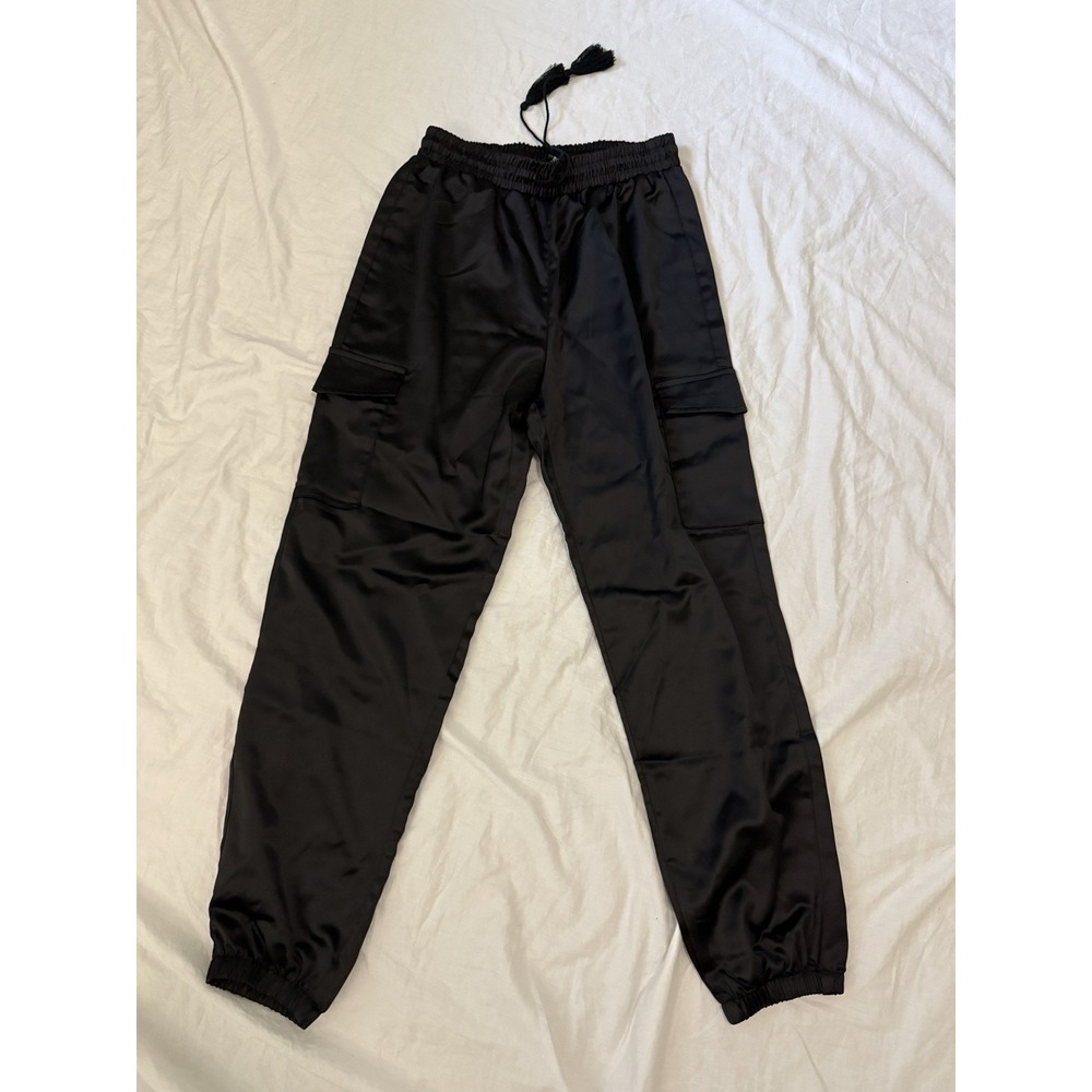 Womens Black Satin Cargo Style Joggers Size XS Pants Allegra K Sporty Tassels